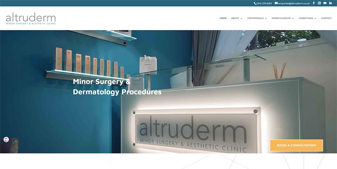 A screenshot of the home page of the new Altruderm website.